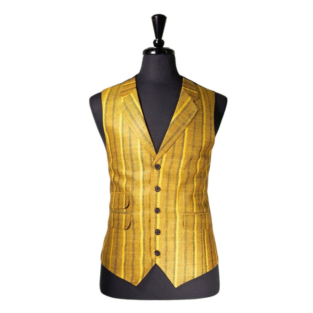 Mens Yellow Striped Vest 46R Wool Silk Waistcoat Wedding Formal Prom Notch Lapel